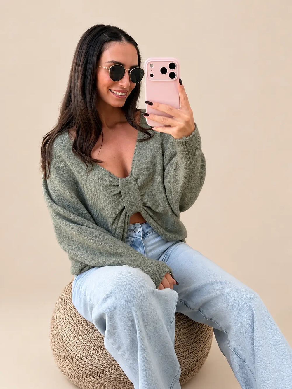 Women's Twist Front Batwing Sweater with Deep V-Neck