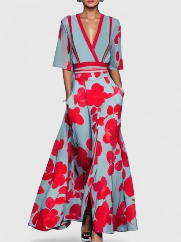Women's Wrap V-Neck Maxi Dress with Tie Waist and Short Sleeves – Red