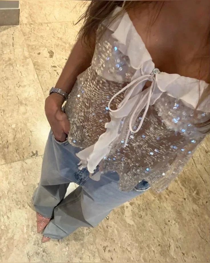 Top Crop Woman with Sequins Thin Straps and Organza Ruffles