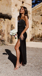 Straight-Neck Midi Slip Dress – Side-Slit Sleeveless Gown
